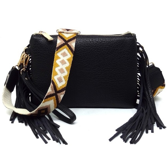 Aztec Strap Fringe Crossbody Bag – Vegan Leather Clutch - Picture 1 of 3
